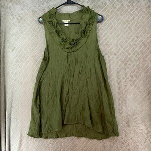 Wildcat Tank Top Blouse Womens 2X Army Green Gauze Cotton Ruffle V Neck Boho